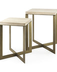 Set of Two Natural and Gold Solid Wood and Metal Square Cross Legs Nested Tables