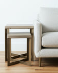 Set of Two Natural and Gold Solid Wood and Metal Square Cross Legs Nested Tables