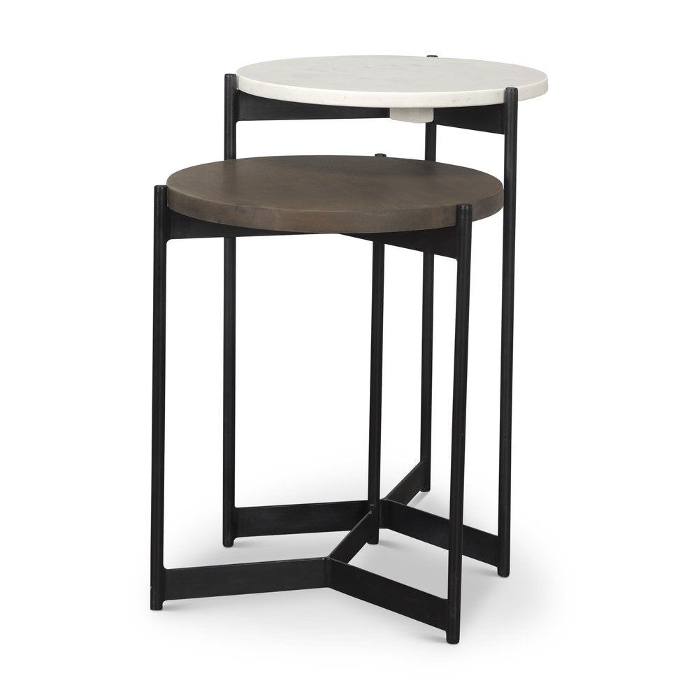 Set of Two Dark Brown and Black Marble Solid Wood and Metal Round Nested Tables