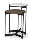 Set of Two Dark Brown and Black Marble Solid Wood and Metal Round Nested Tables