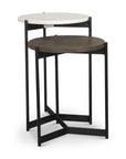Set of Two Dark Brown and Black Marble Solid Wood and Metal Round Nested Tables