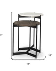 Set of Two Dark Brown and Black Marble Solid Wood and Metal Round Nested Tables