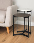 Set of Two Dark Brown and Black Marble Solid Wood and Metal Round Nested Tables