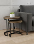 Set of Two Brown and Black Solid Wood and Iron Round Nested Tables