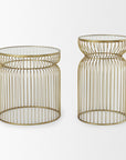 Set of Two Clear and Gold Tempered Glass and Metal Wire Round Drum End Tables