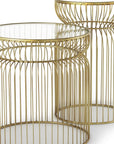 Set of Two Clear and Gold Tempered Glass and Metal Wire Round Drum End Tables