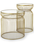 Set of Two Clear and Gold Tempered Glass and Metal Wire Round Drum End Tables