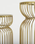 Set of Two Clear and Gold Tempered Glass and Metal Wire Round Drum End Tables