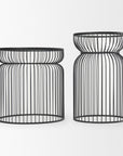 Set of Two Clear and Black Tempered Glass and Metal Wire Round Drum End Tables