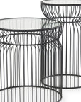 Set of Two Clear and Black Tempered Glass and Metal Wire Round Drum End Tables