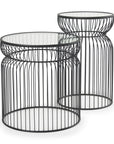 Set of Two Clear and Black Tempered Glass and Metal Wire Round Drum End Tables