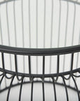 Set of Two Clear and Black Tempered Glass and Metal Wire Round Drum End Tables