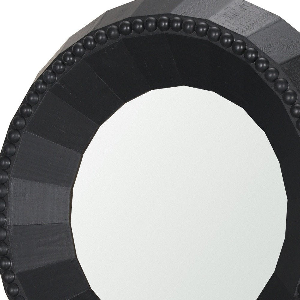 30" Brown Solid Wood Faceted And Beaded Round Framed Accent Mirror