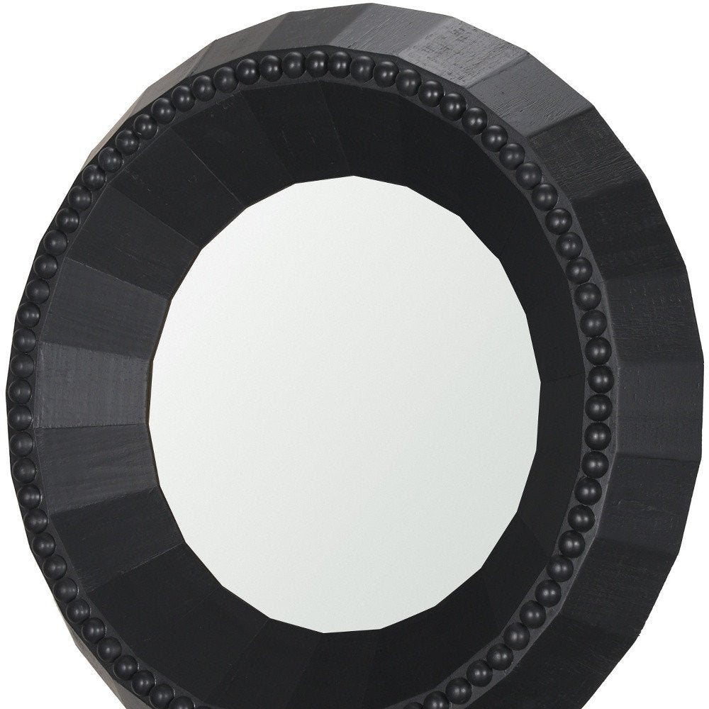 30" Brown Solid Wood Faceted And Beaded Round Framed Accent Mirror