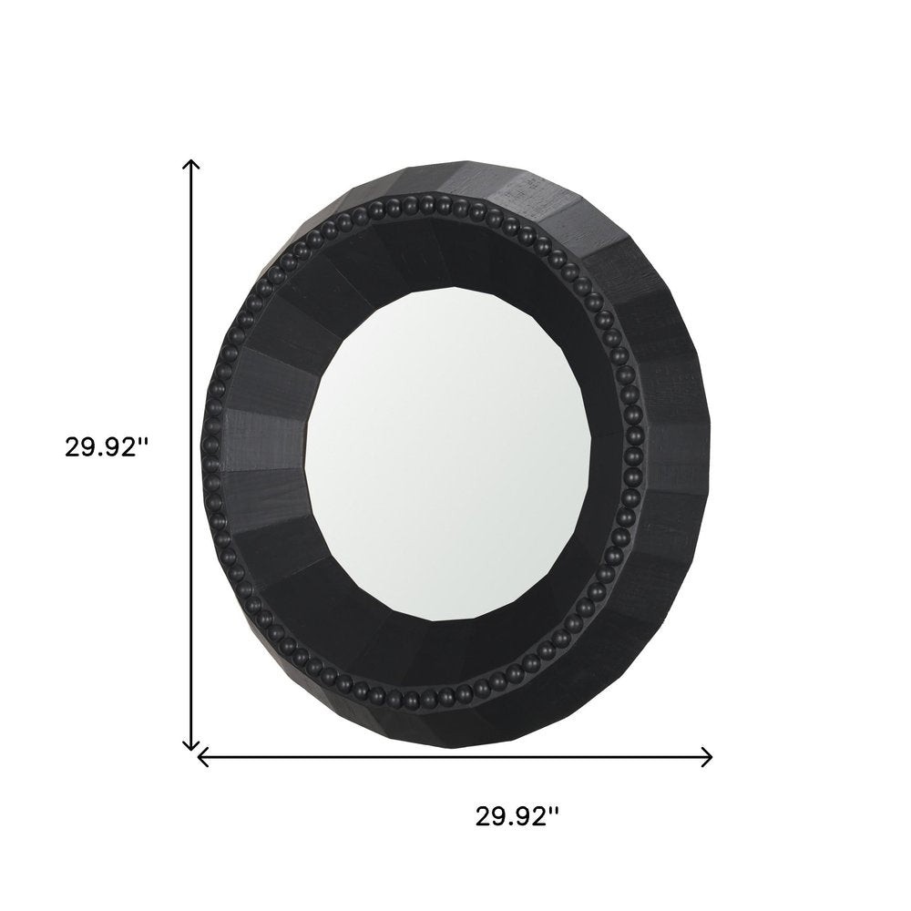 30" Brown Solid Wood Faceted And Beaded Round Framed Accent Mirror