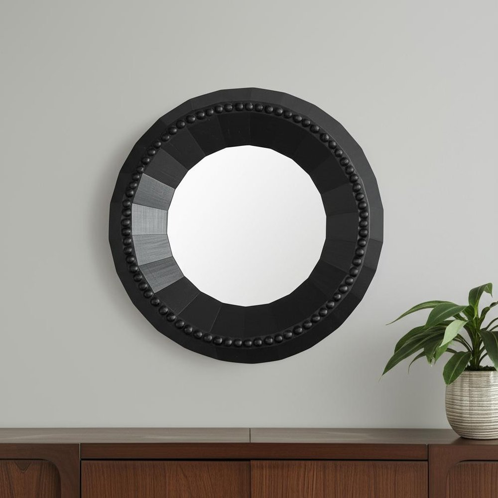 30" Brown Solid Wood Faceted And Beaded Round Framed Accent Mirror