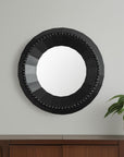 30" Brown Solid Wood Faceted And Beaded Round Framed Accent Mirror