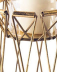 10" Antiqued Brass Distressed Geometric Metal And Glass Tabletop Hurricane Candle Holder