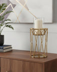 10" Antiqued Brass Distressed Geometric Metal And Glass Tabletop Hurricane Candle Holder