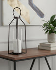 19" Black Distressed Geometric Metal And Glass Tabletop Lantern Candle Holder