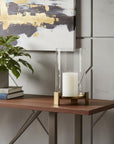 14" Antiqued Gold Geometric Glass And Metal Tabletop Hurricane Candle Holder