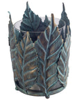 8" Gold Distressed Botanical Leaf Metal And Glass Tabletop Hurricane Candle Holder