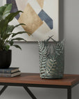 11" Green And Gold Distressed Botanical Leaf Metal Tabletop Hurricane Candle Holder