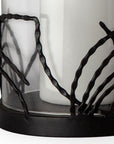 Set of Two Black Botanical Leaf Glass And Metal Tabletop Hurricane Candle Holders