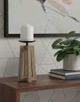 9" Light Brown Distressed Geometric Solid Wood And Metal Tabletop Pillar Candle Holder