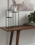 Set of Two Black Geometric Metal And Glass Tabletop Hurricane Candle Holders