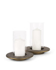 Set of Two Gold Distressed Geometric Metal Tabletop Hurricane Candle Holders