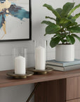 Set of Two Gold Distressed Geometric Metal Tabletop Hurricane Candle Holders