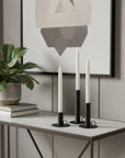 Set of Three Black Geometric Metal Tabletop Taper Candlesticks