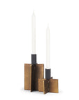 Set of Two Black And Antiqued Gold Distressed Geometric Metal Tabletop Taper Candle Holders