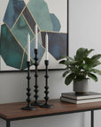 Set of Three Black Geometric Metal Tabletop Taper Candlesticks