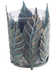 9" Green And Gold Distressed Botanical Leaf Metal And Glass Tabletop Hurricane Candle Holder