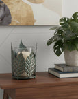 9" Green And Gold Distressed Botanical Leaf Metal And Glass Tabletop Hurricane Candle Holder