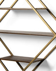 30" Antiqued Brass And Brown Metal And Solid Wood Diamond Shaped Accent Shelf
