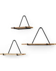 Set Of Three Black And Brown Metal And Solid Wood Triangle Wall Mounted Accent Shelves