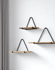Set Of Three Black And Brown Metal And Solid Wood Triangle Wall Mounted Accent Shelves