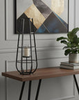 30" Black Distressed Geometric Metal And Glass Lantern Candle Holder