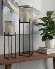 Set of Two Black Distressed Geometric Metal Lantern Candle Holders