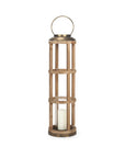 35" Natural And Brass Distressed Geometric Solid Wood And Metal Tabletop Lantern Candle Holder