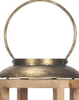 35" Natural And Brass Distressed Geometric Solid Wood And Metal Tabletop Lantern Candle Holder