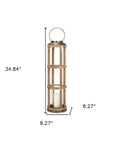 35" Natural And Brass Distressed Geometric Solid Wood And Metal Tabletop Lantern Candle Holder