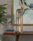 35" Natural And Brass Distressed Geometric Solid Wood And Metal Tabletop Lantern Candle Holder