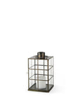 15" Gold Distressed Geometric Metal And Glass Tabletop Lantern Candle Holder