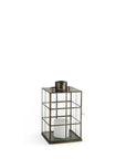 15" Gold Distressed Geometric Metal And Glass Tabletop Lantern Candle Holder