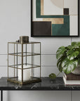 15" Gold Distressed Geometric Metal And Glass Tabletop Lantern Candle Holder
