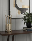 30" Gold Distressed Geometric Metal Tabletop Lantern Candle Holder